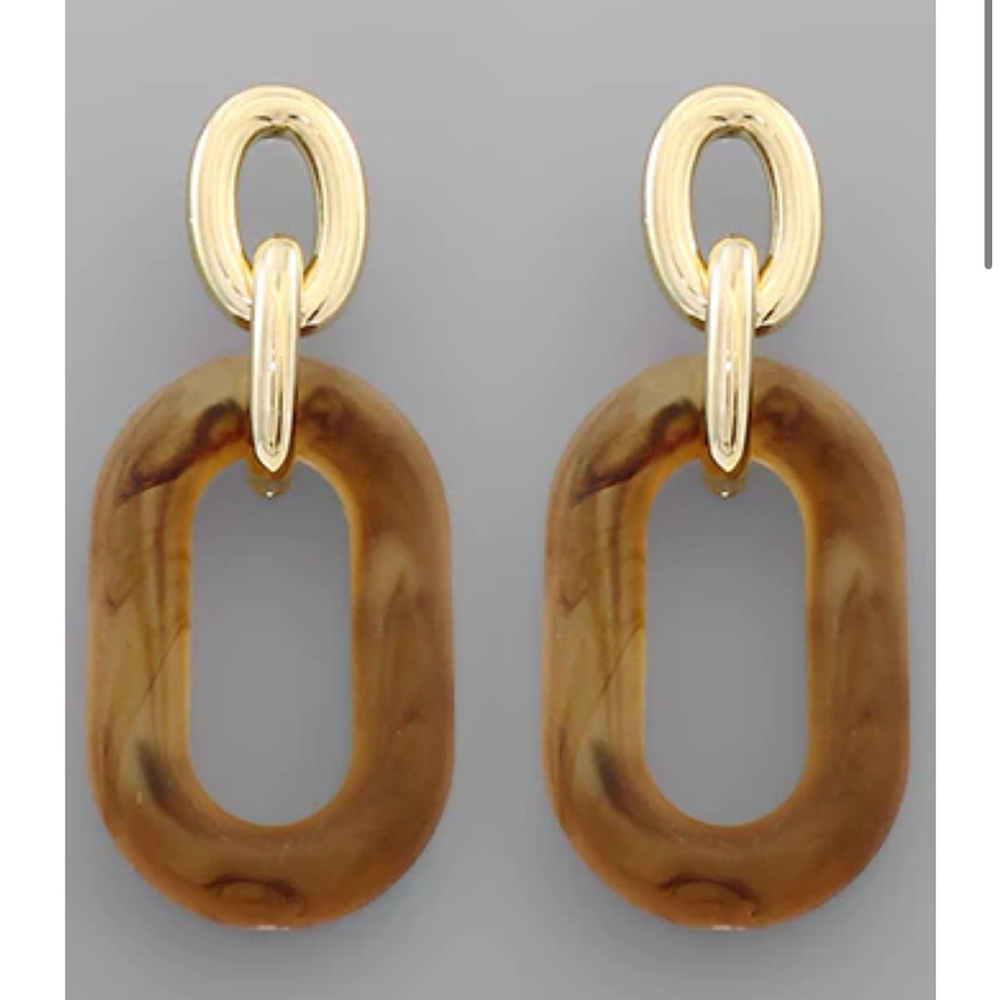 ACRYLIC OVAL DANGLE EARRINGS Brown and Gold